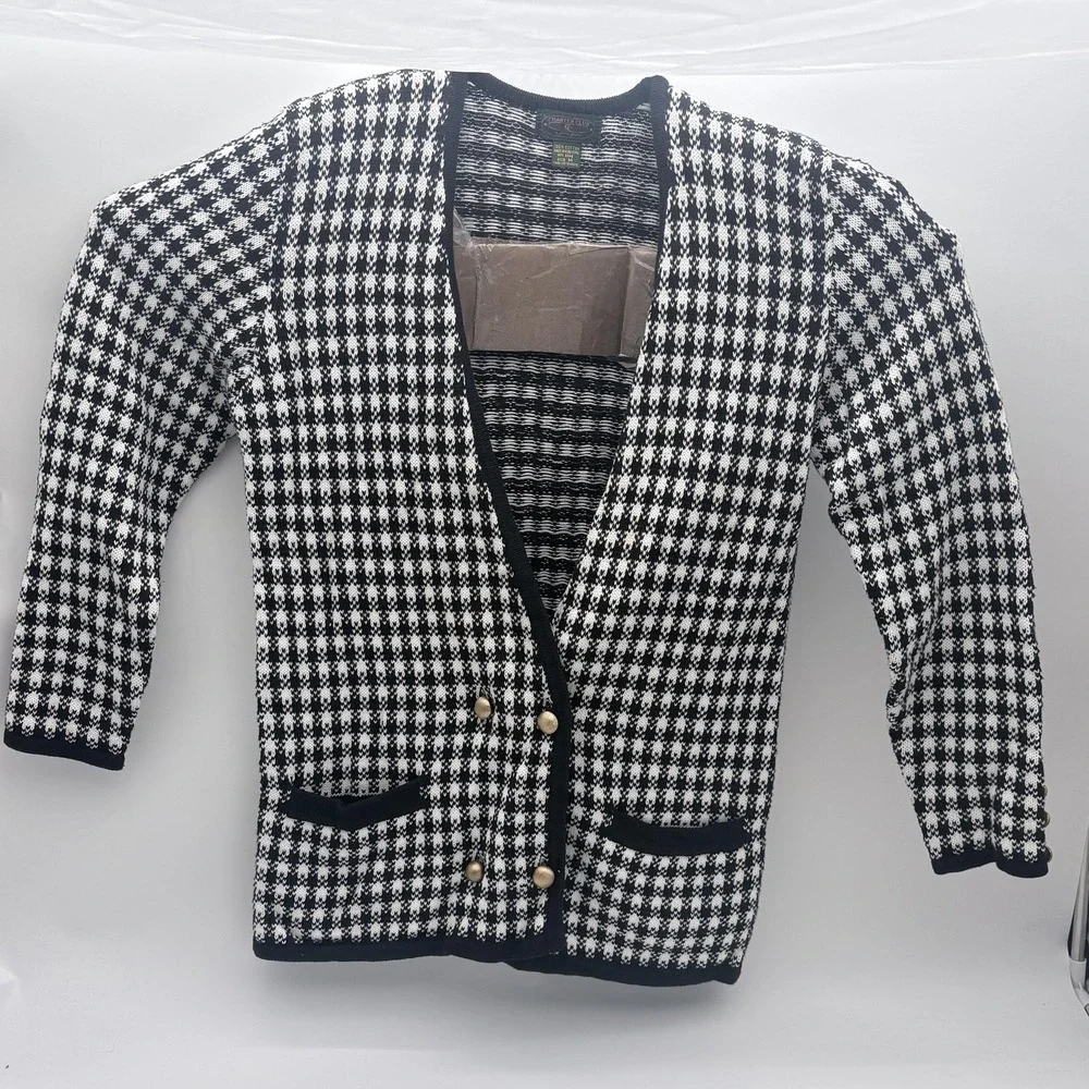 Vintage Charter Club Sweater Womens Medium Black White Check Cardigan Hong Kong